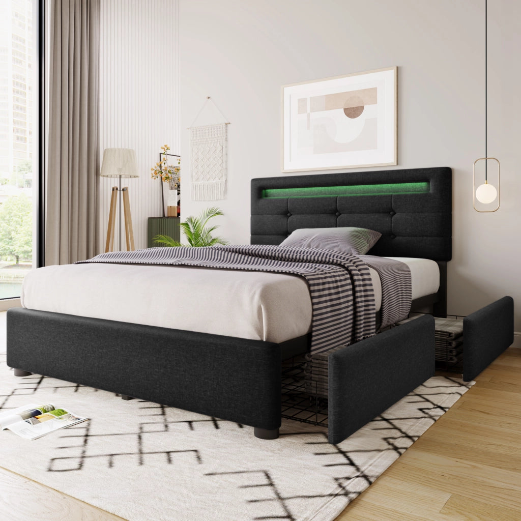 LETTO imbottito 90x200 cm con LED, 2 cassetti, nero