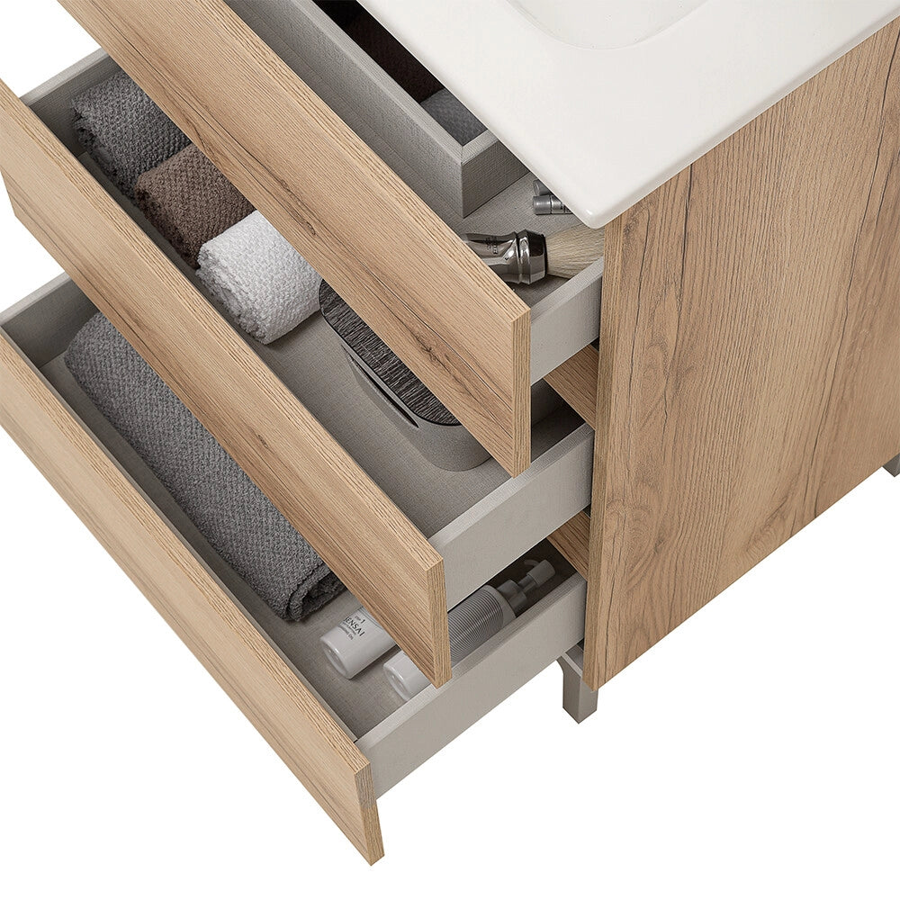 Mobile bagno a terra 60 cm in quercia naturale con lavabo e specchio Leda