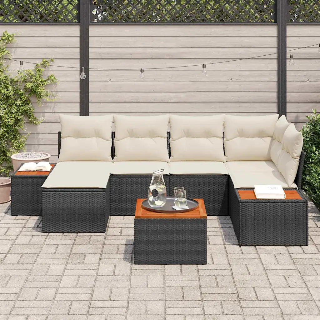 Set Divano da Giardino 7 pcs Nero e Crema Polyrattan