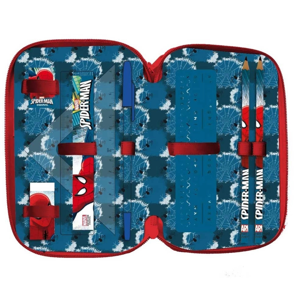 Trade Shop - Astuccio Portapastelli Scuola 3 Zip Spiderman Con Accessori Pastelli Pennarelli -