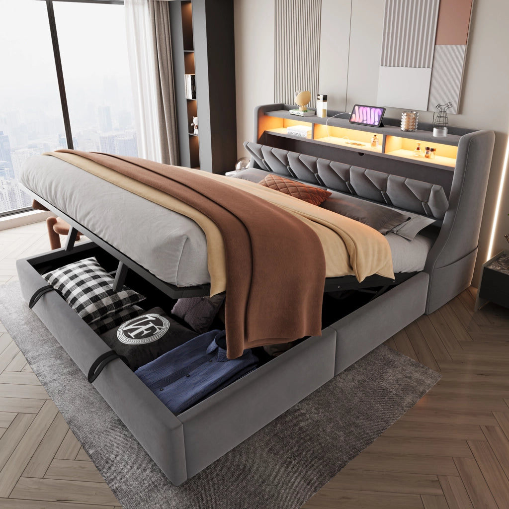DESMIU Letto Matrimoniale 180 × 200 cm con Contenitore idraulico, USB, Type-C, LED, senza materasso, in velluto, grigio