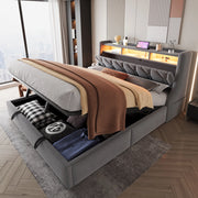 DESMIU Letto Matrimoniale 180 × 200 cm con Contenitore idraulico, USB, Type-C, LED, senza materasso, in velluto, grigio