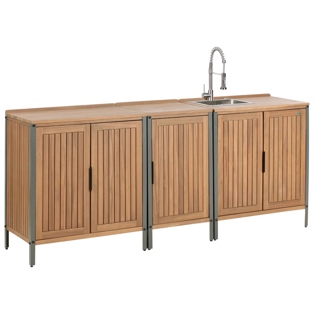Cucina da esterno 3 elementi in legno di acacia con lavello e rubinetto in acciaio inox e ripiani in legno massiccio marrone