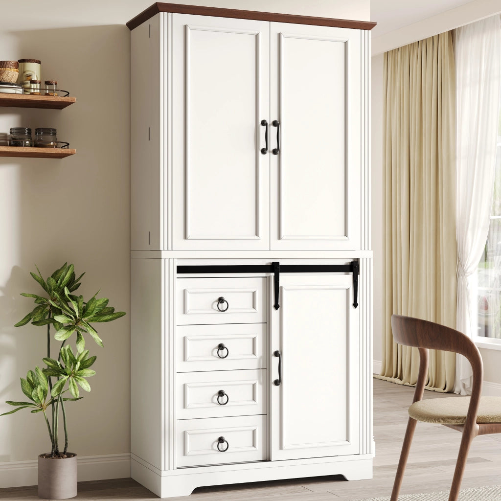 Colonna da cucina con 4 cassetti, ripiani regolabili e soft-close, mensola laterale, per cucina, bianco, 80 × 39,8 × 180 cm