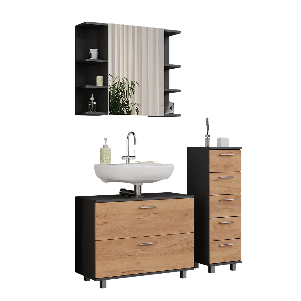Vicco Set di mobili da bagno Quercia dorata/antracite 3 parti, con base 80 cm