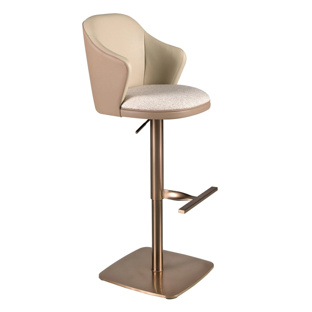 Sgabello girevole in tessuto crema screziato e similpelle marrone