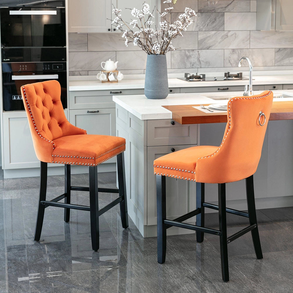 Set 2 sgabelli bar - Xylo - velluto arancione gambe legno