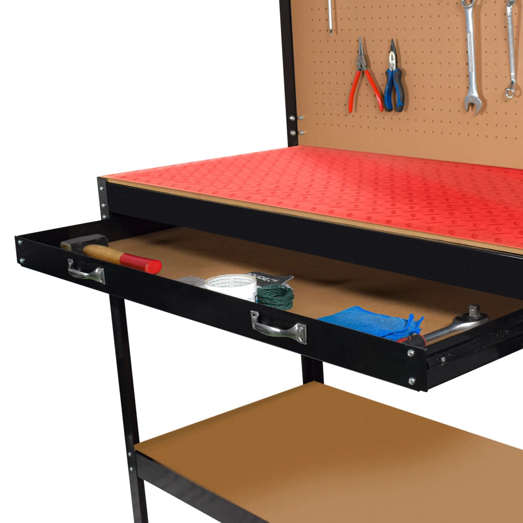 Banco da lavoro porta utensili in metallo con parete e cassetti officina 120x60cm + 2 cassetti e 2 mensole porta utensili + Tappetino