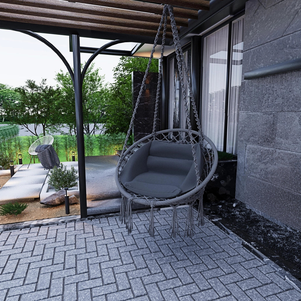 Poltrona Sospesa Pensile Da Giardino Con Corda In Cotone Effetto Macramè E Struttura In Acciaio Cuscino Sedia Dondolo Amaca Con Seduta Imbottita Esterno Terrazzo Design Moderno Fino A 160 Kg Grigio