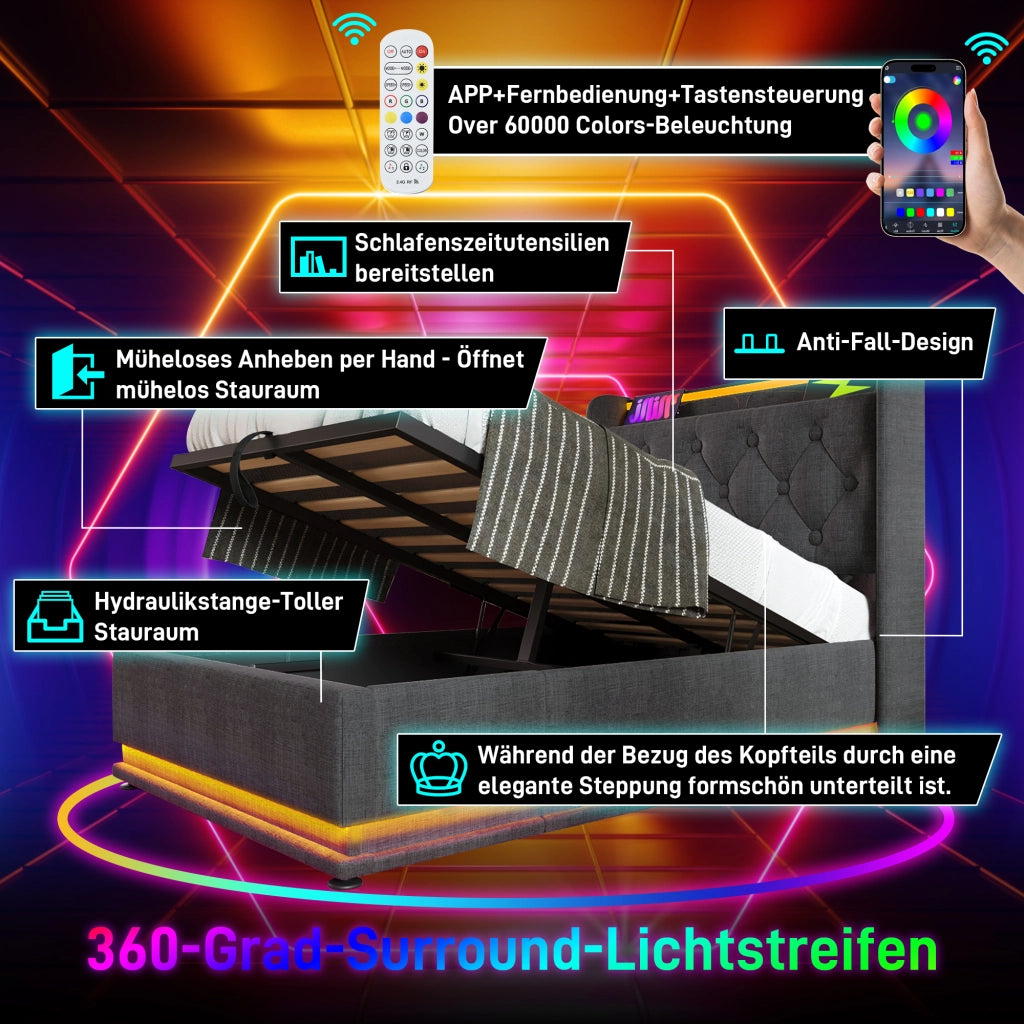 LETTO 90x200 cm in lino grigio con LED, USB Type-C e testiera imbottita