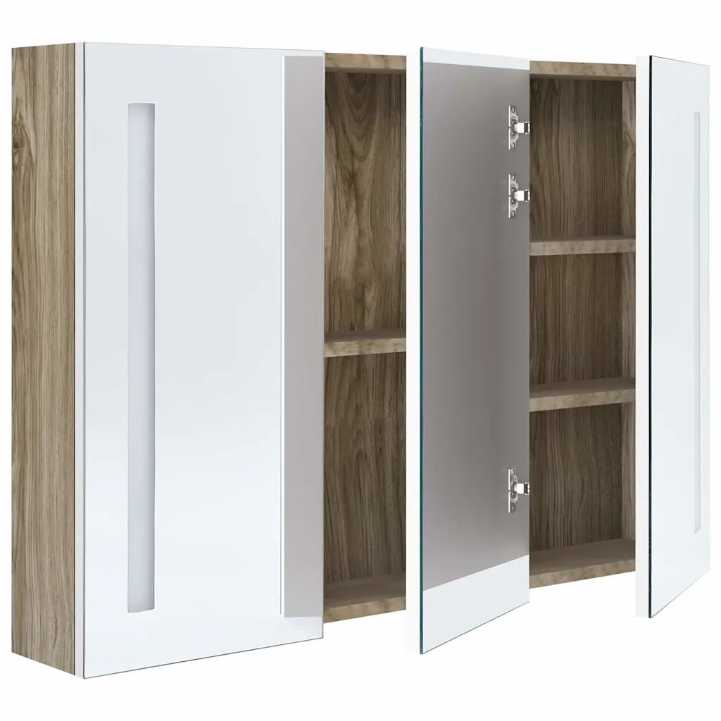 Armadietto Bagno con Specchio e LED 89x14x62 cm Bianco e Rovere 326530
