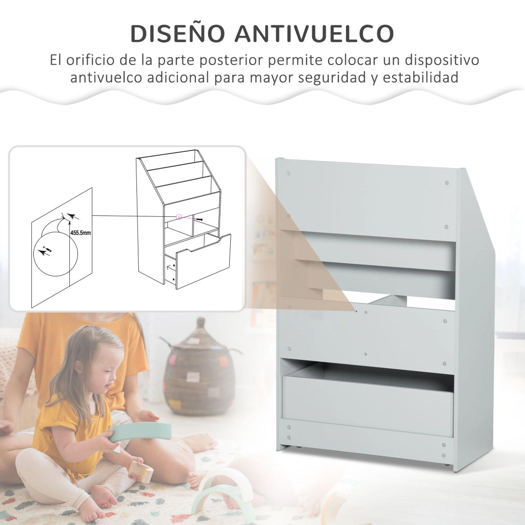 Libreria per Bambini con 3 Ripiani, 2 Cubi e Cassetti con Ruote ¨C Minimal ¨C 60x30x90 cm Grigio