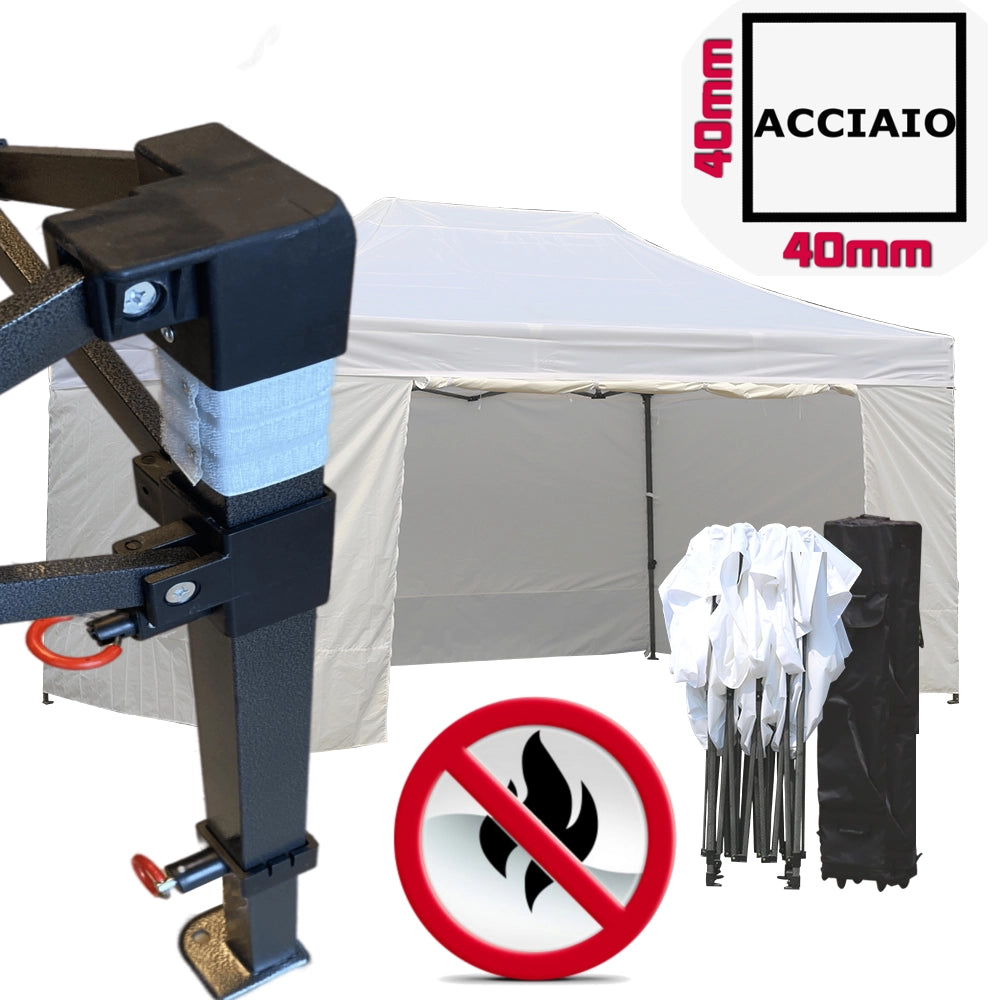 Gazebo 2x3m bianco certificato IGNIFUGO pieghevole portatile estendibile richiudibile estensibile acciaio con laterali per fiere eventi stand chiosco tenda tendone mercato mercatino  