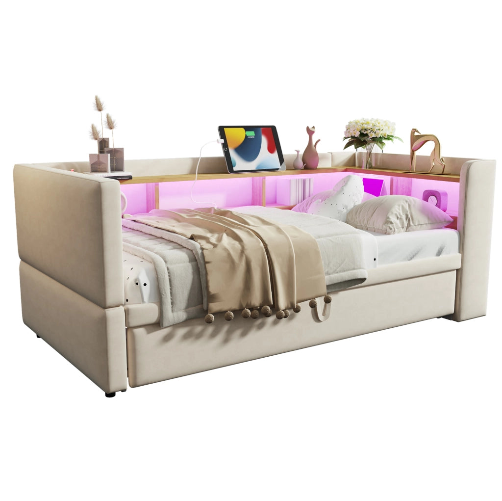Divano letto imbottito multifunzione con vani contenitore, LED e prese integrate