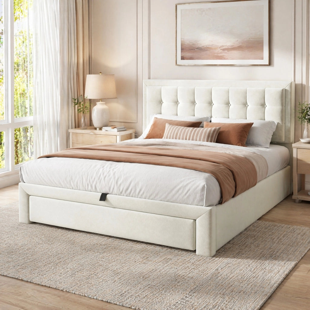 LETTO Imbottito 140x190 cm in velluto beige con 2 cassetti