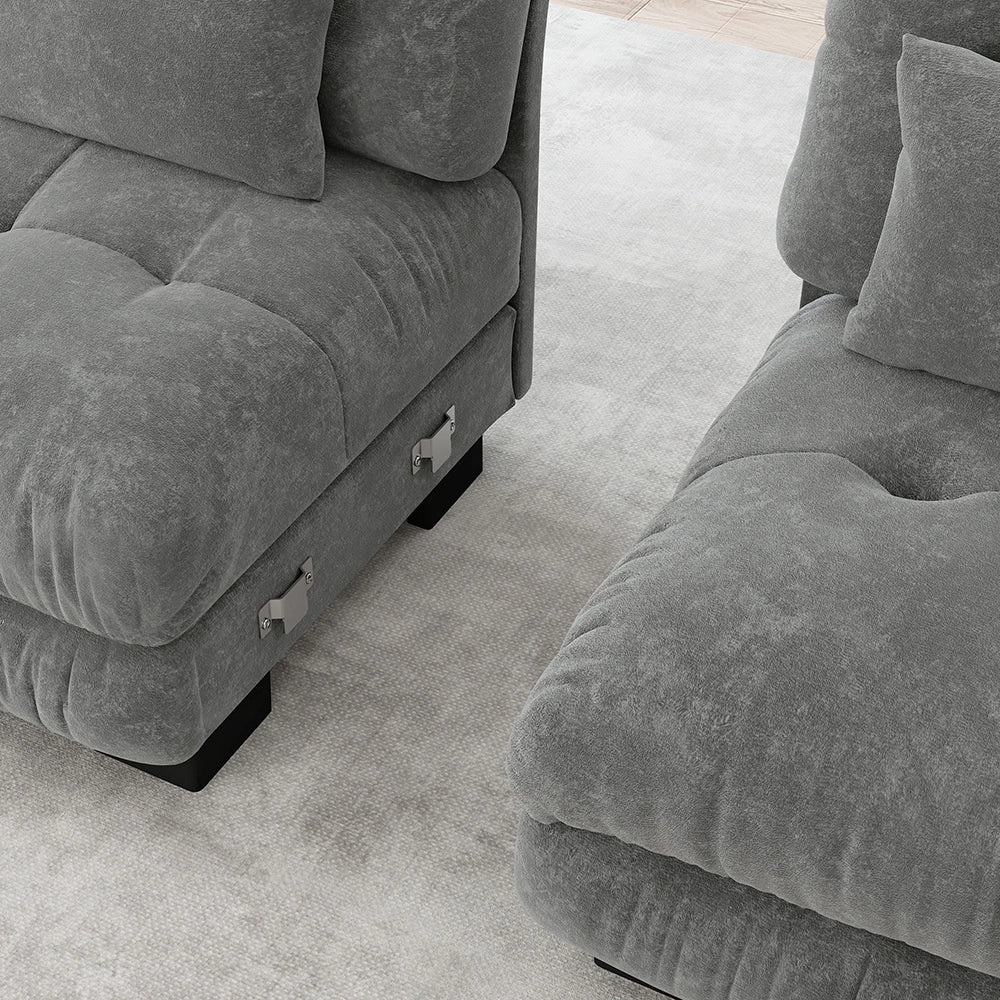 Divano angolare Cloud - Xylo - 2 posti in chenille con 2 cuscini lombari e 2 pouf, grigio