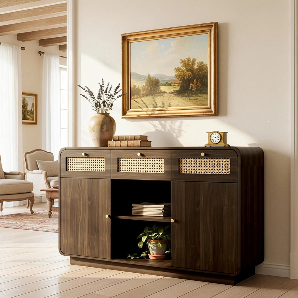 Credenza Sideboard 120cm - Xylo - Noce con 3 Cassetti e Maniglie in Vimini/Oro