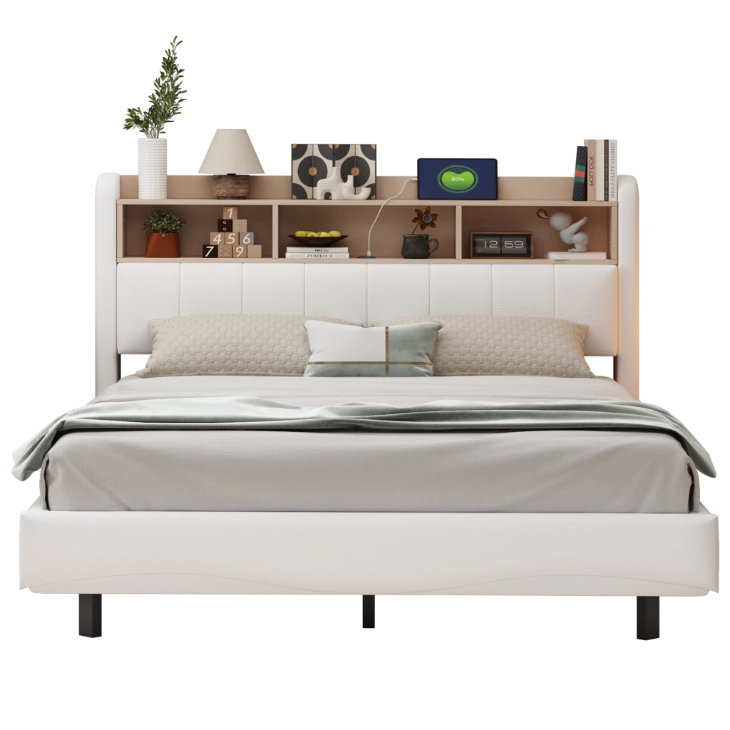 LETTO Imbottito Sospeso 160x200 cm Beige con LED e USB Type-C