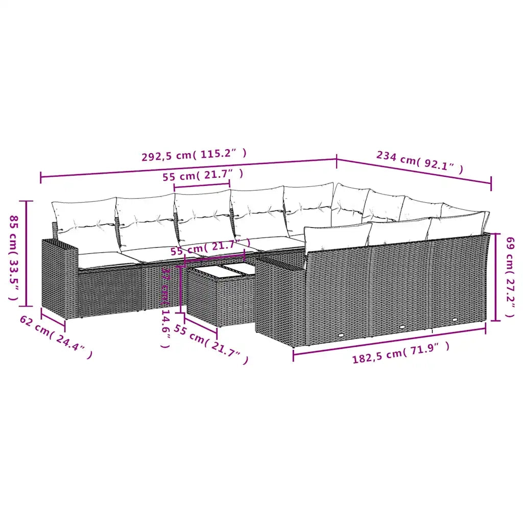 Set Divani da Giardino 11 pz con Cuscini in Polyrattan Nero 3219487