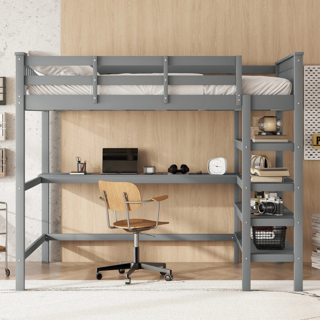 Letto a Soppalco con Scrivania e Ripiani ¨C MINIMAL ¨C Grigio 140x200