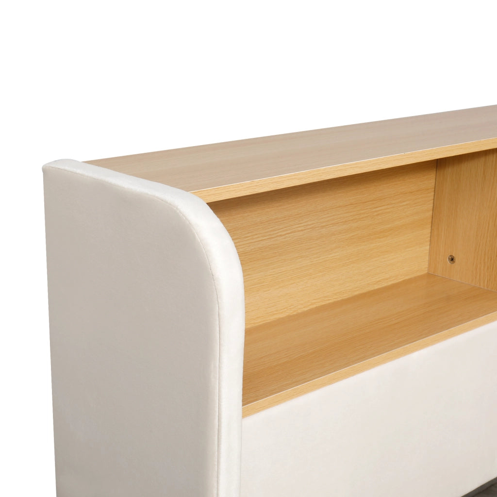 Letto da giorno imbottito 140x190 cm con contenitore idraulico, velluto beige, LED, porte USB e ripiani laterali