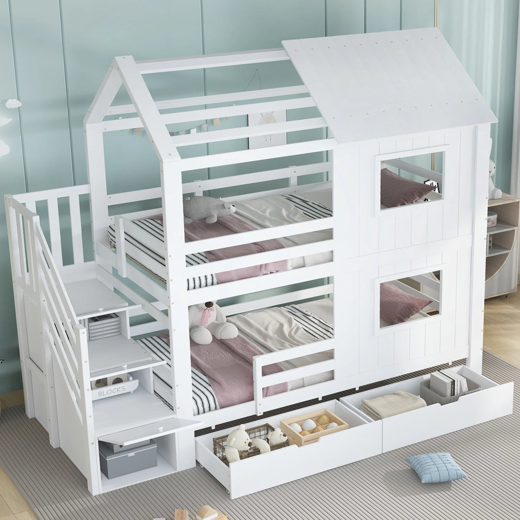 LETTO A CASTELLO 90x200 cm Bianco con scala contenitore e cassetto