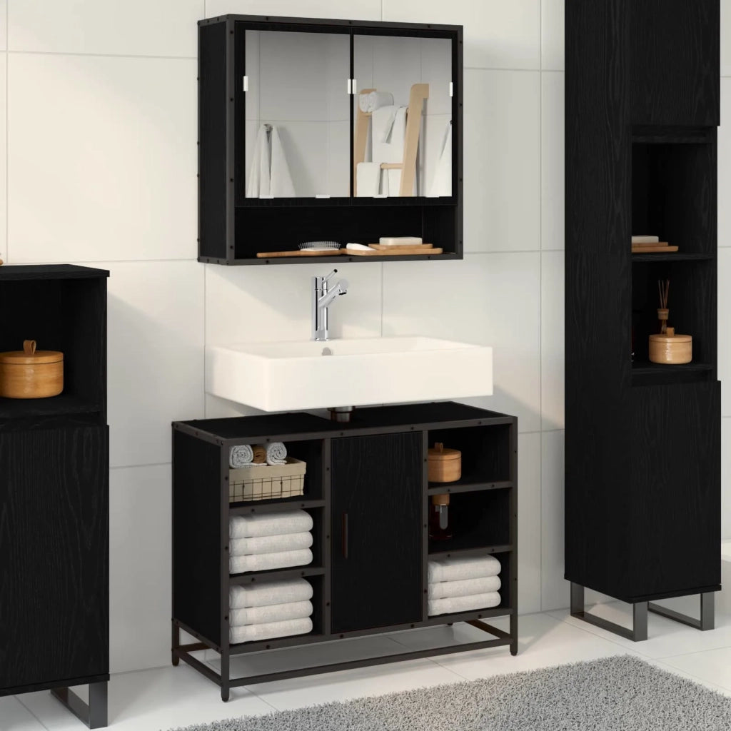 Set di mobili per il bagno 2 pcs Rovere Nero Legno multistrato
