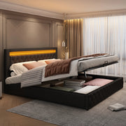 Letto imbottito 160x200 cm con rete a doghe, contenitore e LED, nero, PU