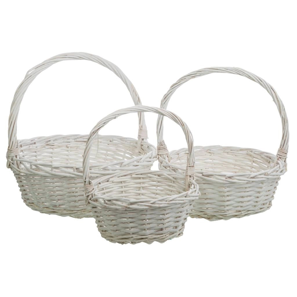 Set di 3 cestini in vimini bianchi foderati