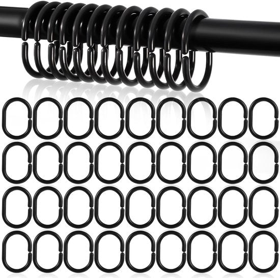 Anelli di chiusura per doccia 36 pezzi - Nero plastica - Haken a forma di C - Haken multifunzionali per doccia - Adatti per stanghe di doccia standard - Dimensioni 5,4 × 3,8 cm - Haken per stanghe di doccia