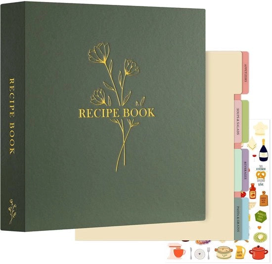 Cassetta per Ricette Waterresistente - Libretto per la Cucina con Cappotto in Pelle - 116 Pagine - 60 Tasche per Inserire - 8 Fogli di Separazione - Etichette/Sticker - Libro di Ricette