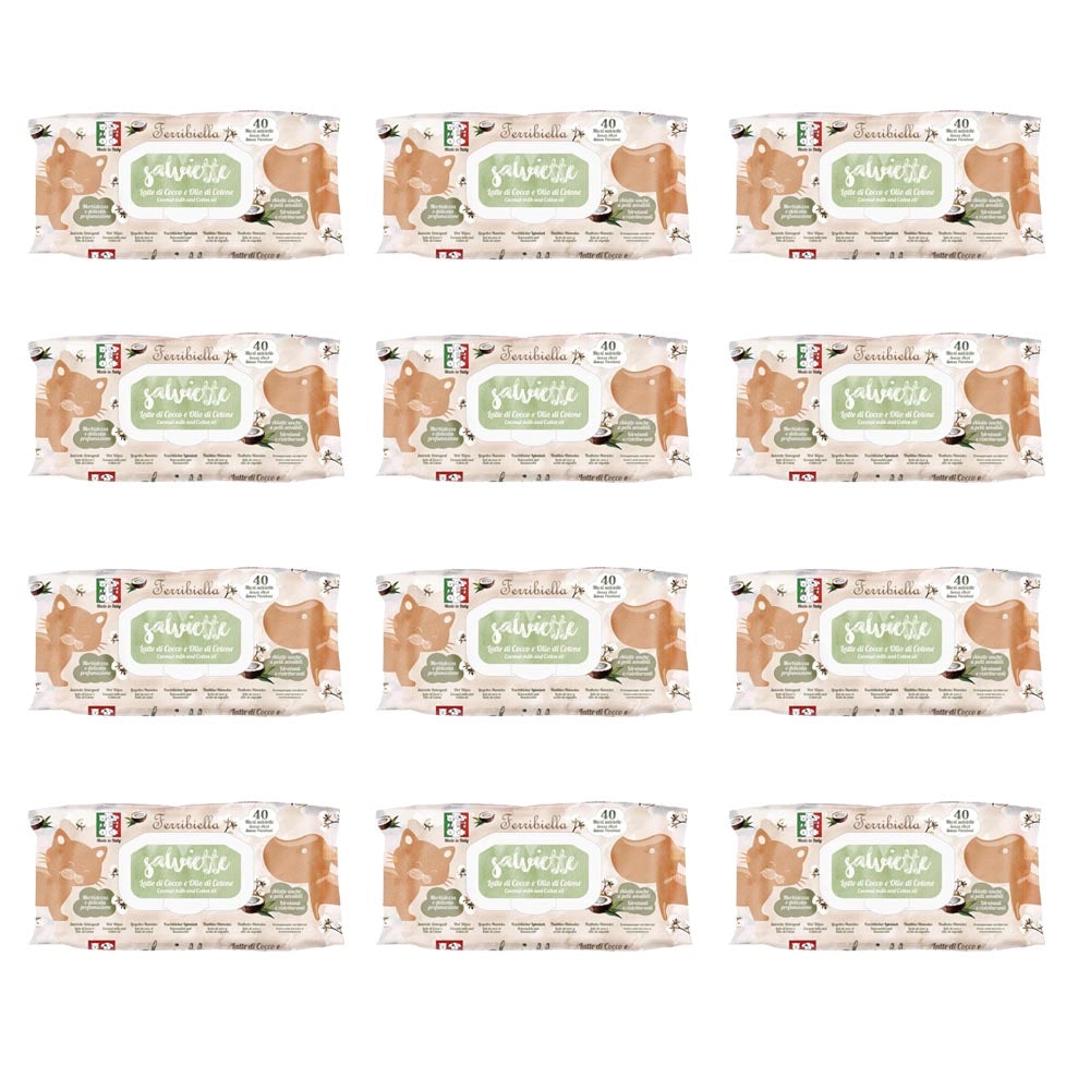 Multipack 12 confezioni salviette per cani e gatti manto morbido e idratato con latte di cocco