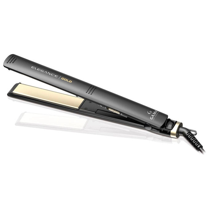 GA.MA Piastra Elegance Gold: trafile larghe in ceramica e olio d'argan oro fluido, ceramica ion, effetto liscio o mosso a lungo, riscaldamento istantaneo, temperatura ideale fissa, pulsante chiudi piastra