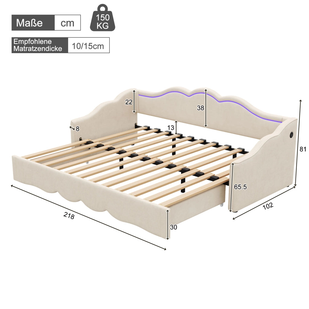LETTO Estensibile 90x200 cm a 180x200 cm Velluto Beige con LED, USB e TYPE-C