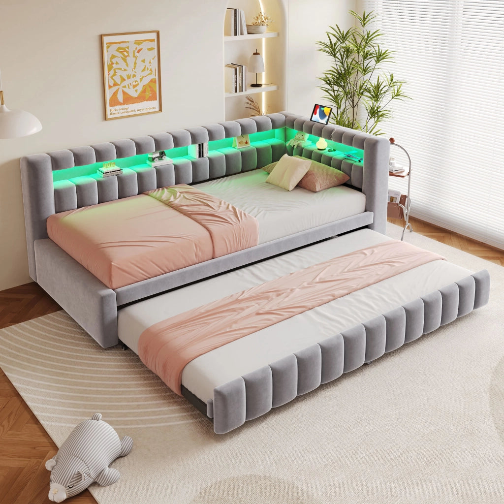 LETTO imbottito estraibile 90x200 cm in velluto grigio chiaro