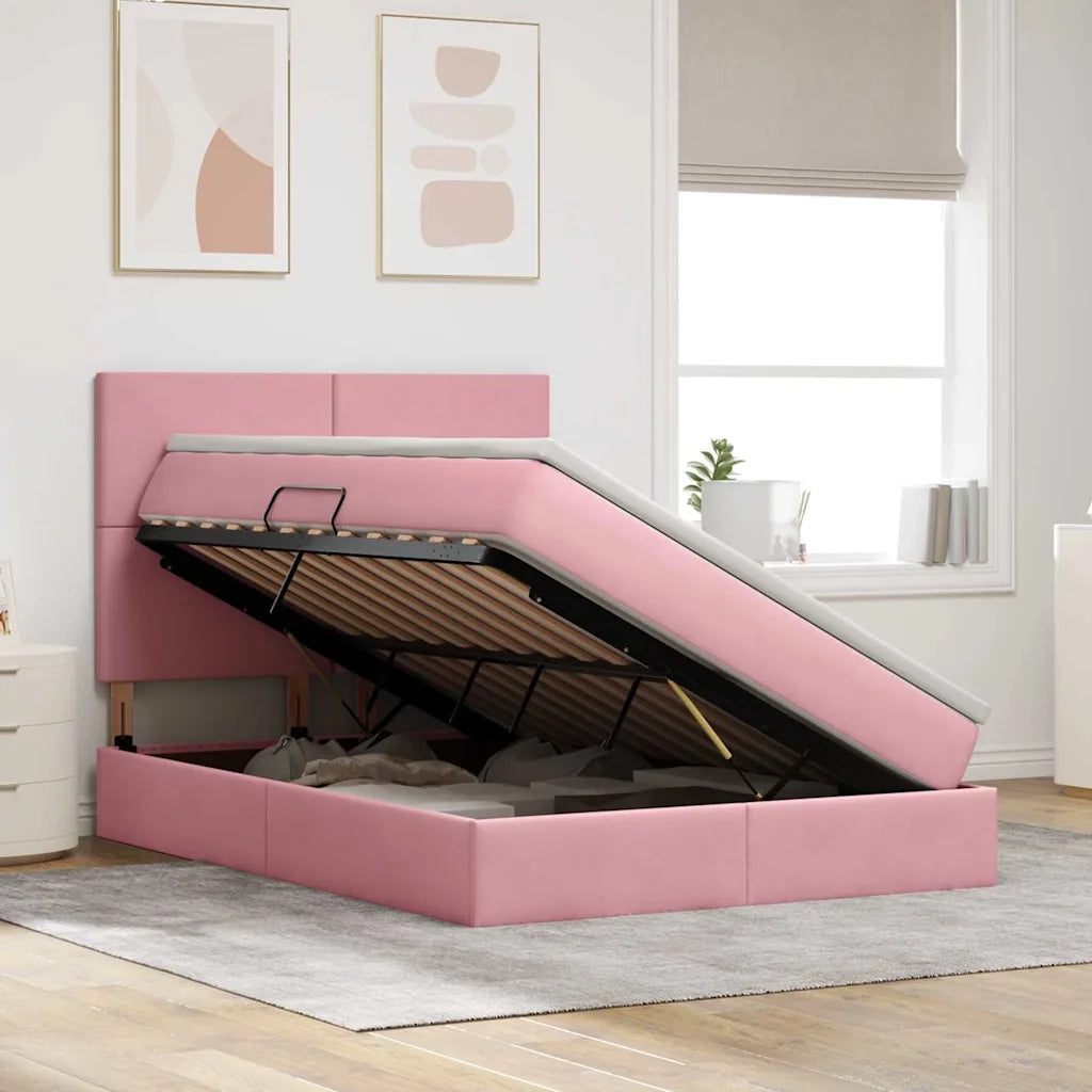 Letto con contenitore e LED con led Rosa 140 x 200 cm Velluto