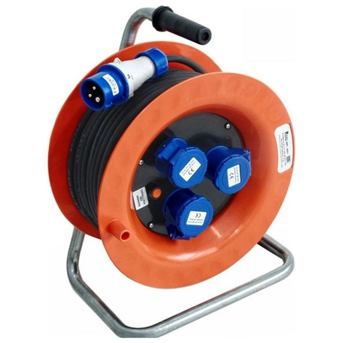 ROSI 4001 Avvolgicavo Industriale con Disgiuntore Termico 30m Cavo HO7RN-F 3x2,5 mmq 3 Prese 16A 2P+T IP44 colore Arancio-Blu