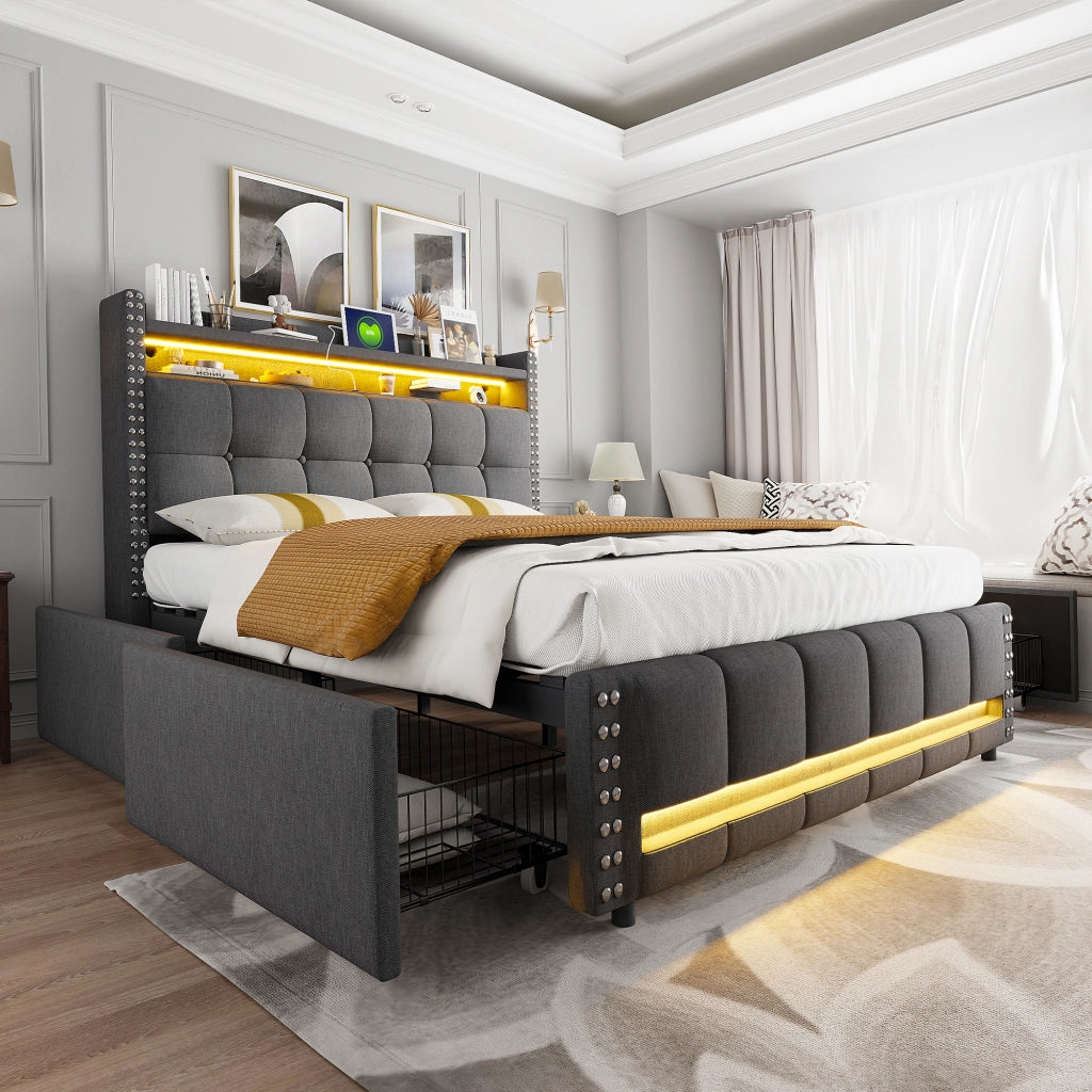 LETTO imbottito 160x200 cm Grigio con LED, USB, cassetti e ripiani