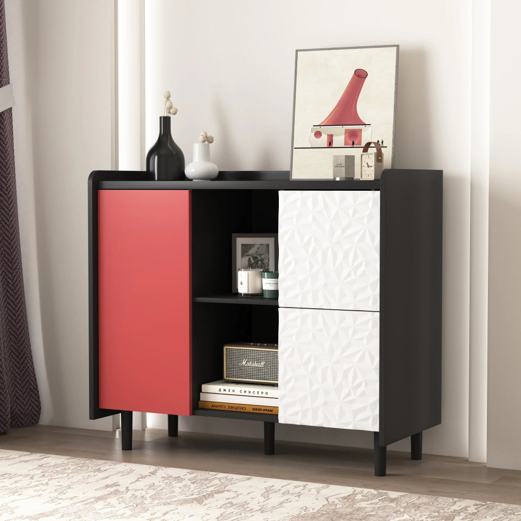Buffet con ante rosse - Zephmum- 2 cassetti e 2 ripiani aperti