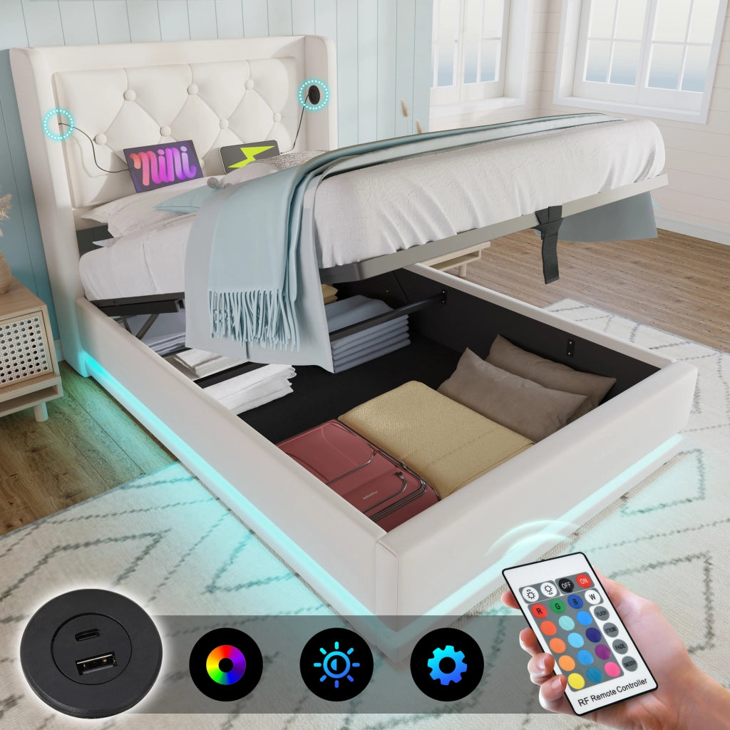 LETTO imbottito 90x200 cm in PU bianco con USB, Type-C e LED 3 lati