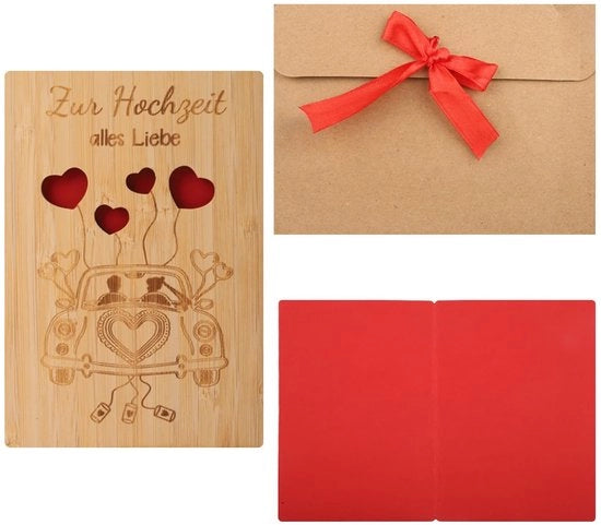 Carta di auguri per matrimonio in legno di bambù - Carta di auguri personalizzata - Stampa auto/gravata romantica - Busta in cartoncino - Linea rossa - 15 x 11 cm