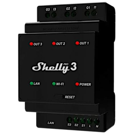 Shelly PRO 3. Relè WiFi. LAN Bluetooth. 3 Canali. guida DIN. controllo apparecchi ad  uso residenziale e commerciale