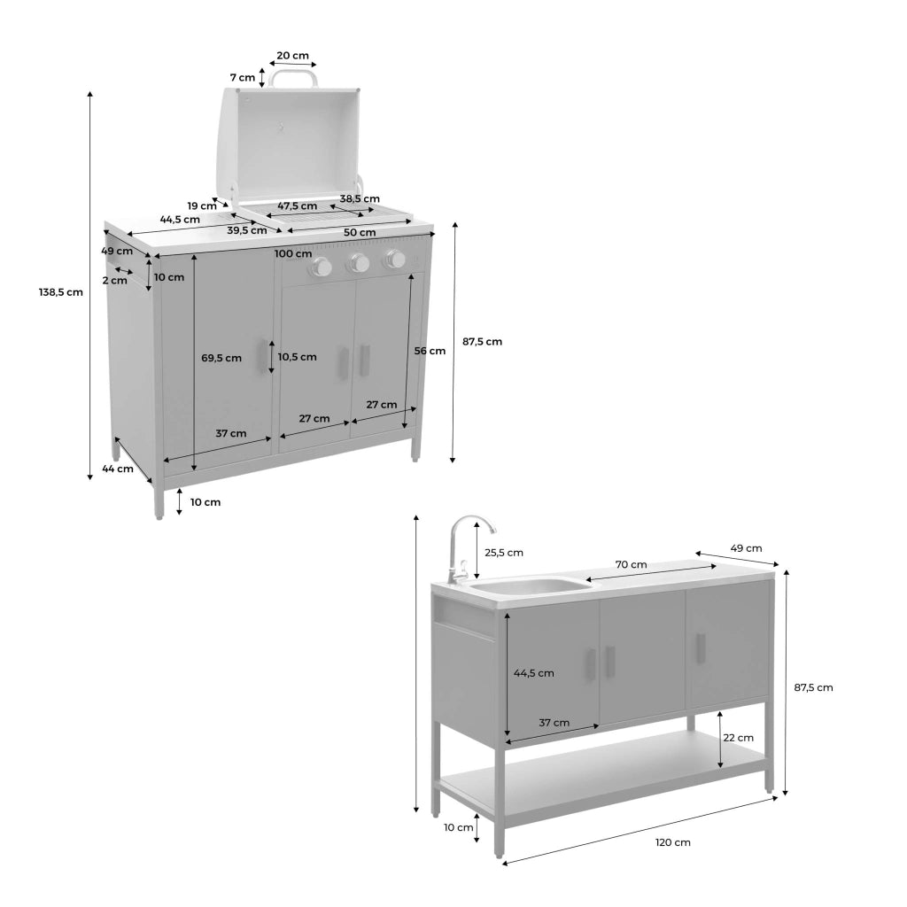 Modulo cucina da esterno con barbecue a gas a 3 bruciatori, 2 moduli,