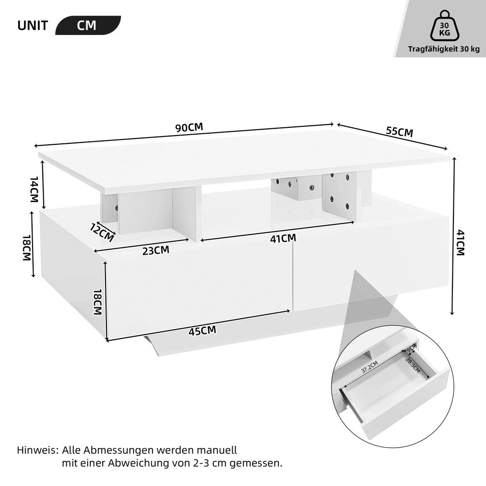Tavolino da Caff¨¨ con LED e 2 Cassetti ¨C MINIMAL ¨C Lucido Bianco 90x55x41