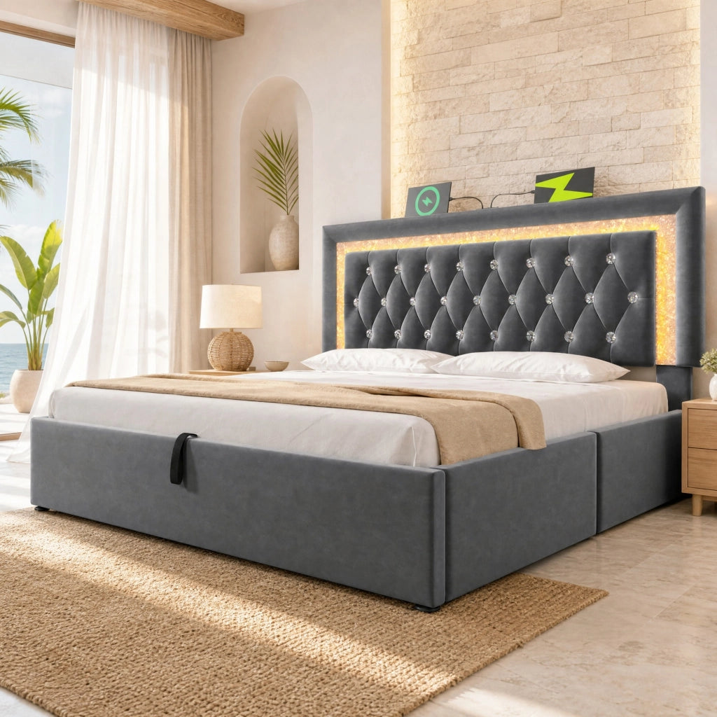 LETTO Contenitore 140x200 cm in Velluto Grigio con LED e USB Type-C