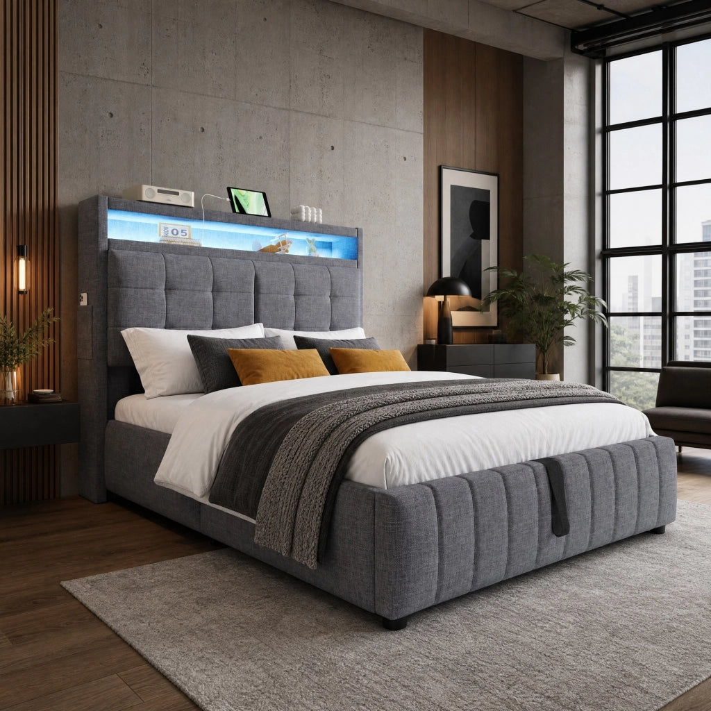 LETTO Imbottito 140x200 cm Grigio in Lino con LED, USB e contenitore