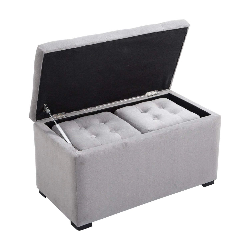 Cassapanca Portaoggetti Multiuso con 2 Sgabelli Pouf in Velluto Grigio Perla