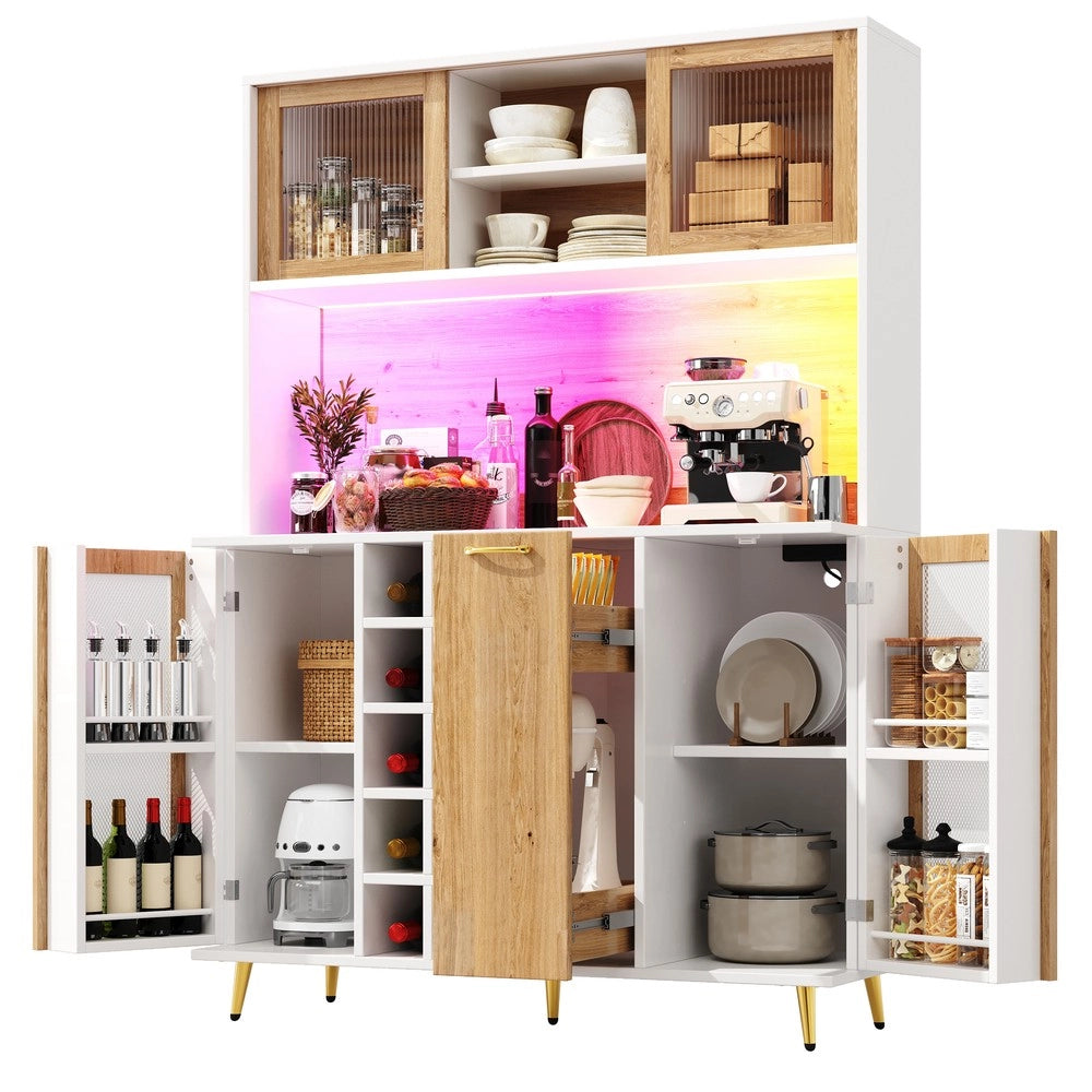 Mobile Buffet con LED ¨C Xylo ¨C Bianco con Effetto Legno, 5 Ante, Cantinetta, 120x40x170