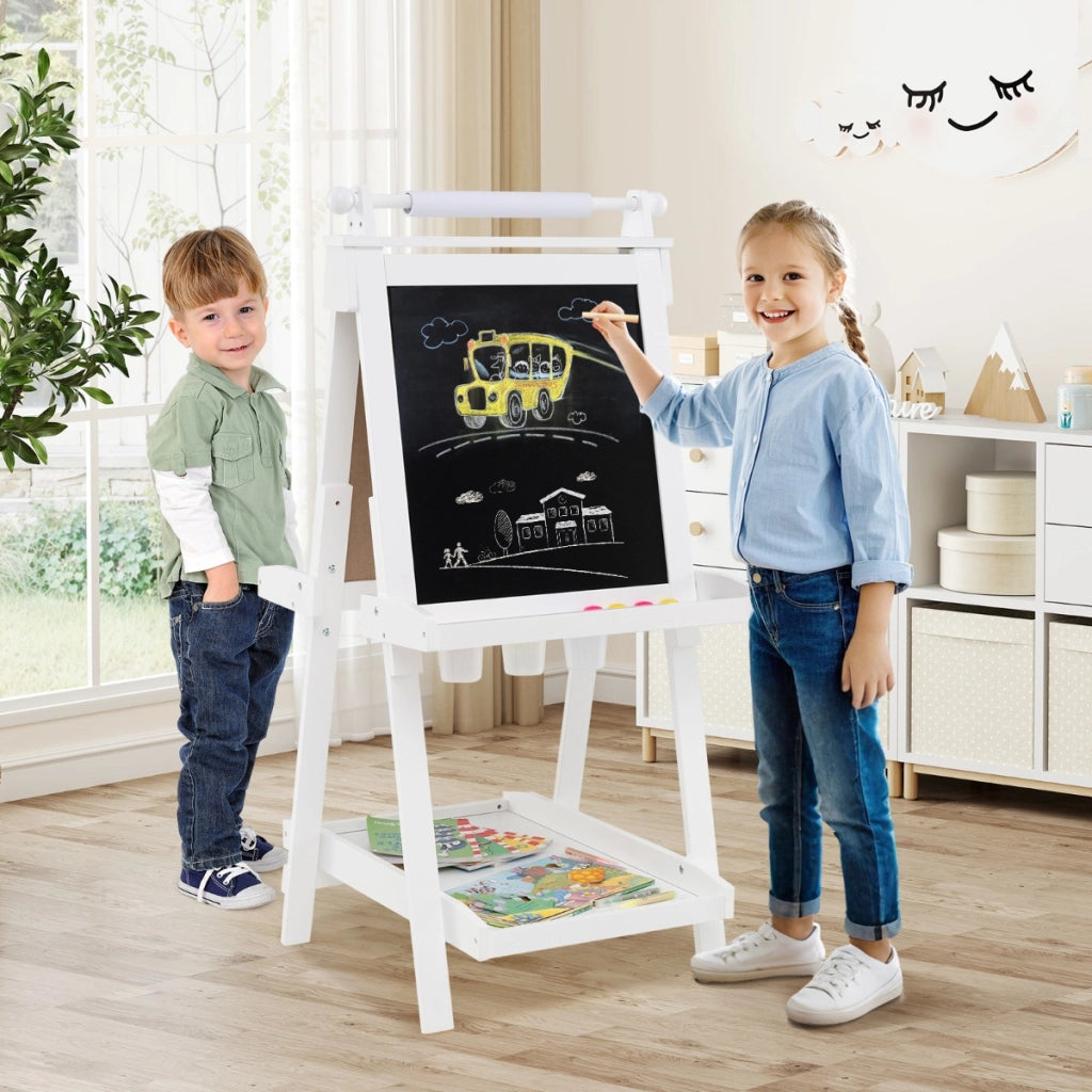 Cavalletto per bambini 3 in 1 cavalletto artistico con lavagna bifacciale-Rotolo di carta vassoi portaoggetti e 3 bicchieri per pittura Bianco