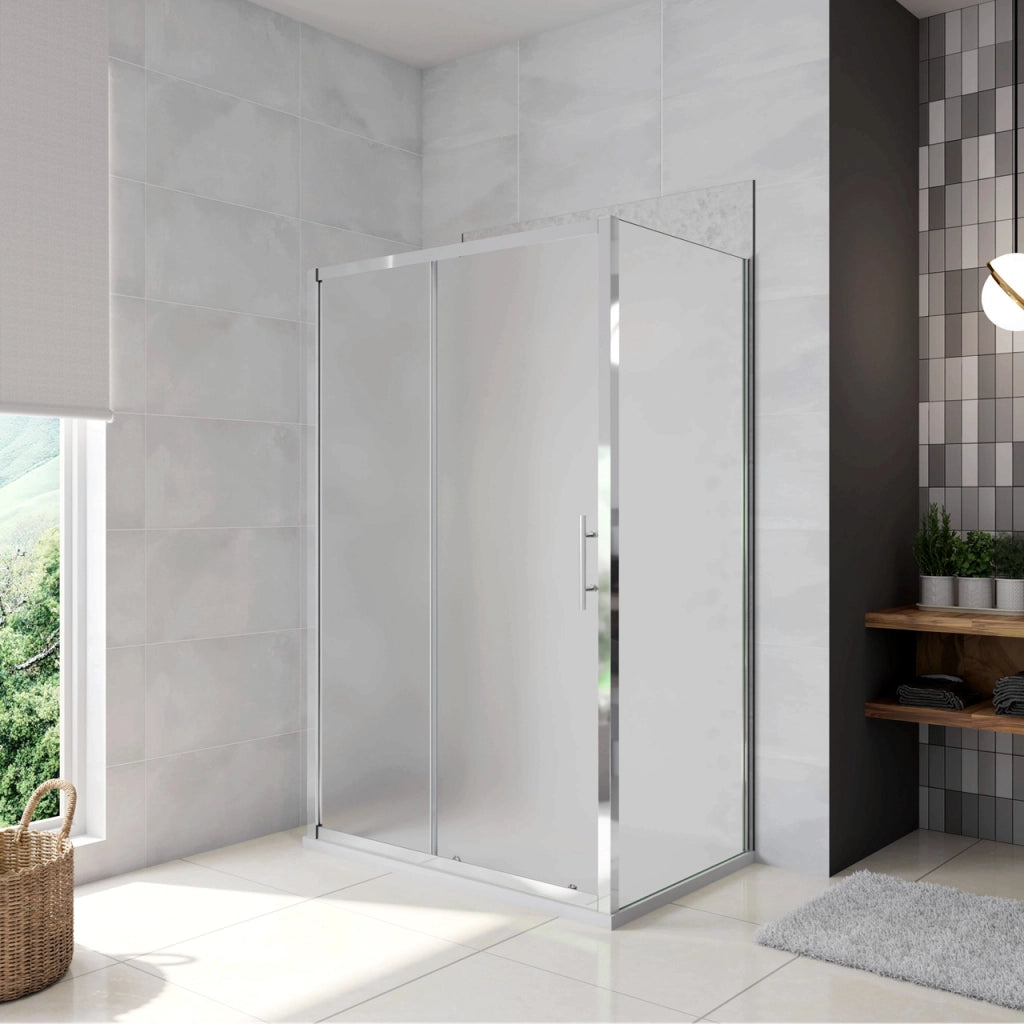 H.185 cm Box Doccia a Tre Lati Porta Scorrevole con 2 Parete Fissa Vetro Temperato 5 mm Satinato Opaco 130x80x80 cm